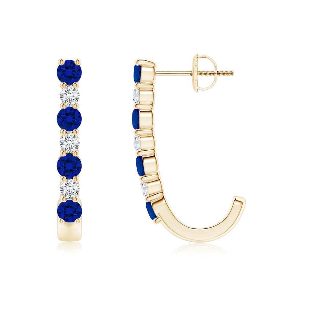 3mm Labgrown Lab-Grown Blue Sapphire and Diamond J-Hoop Earrings in Yellow Gold