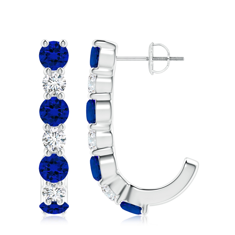 4mm Labgrown Lab-Grown Blue Sapphire and Diamond J-Hoop Earrings in 18K White Gold 