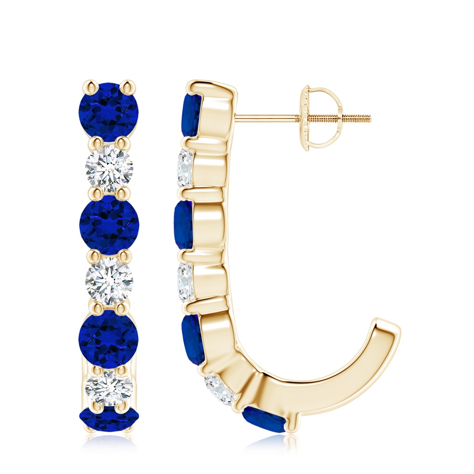 4mm Labgrown Lab-Grown Blue Sapphire and Diamond J-Hoop Earrings in Yellow Gold 