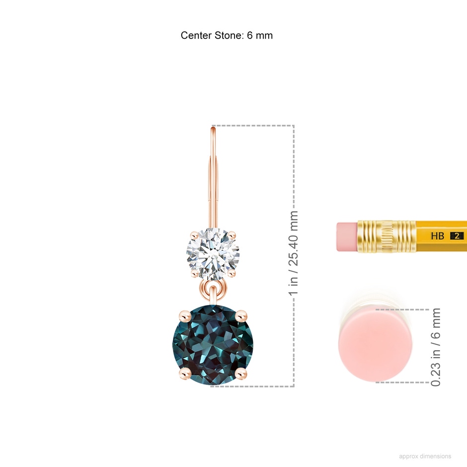 6mm Labgrown Round Lab-Grown Alexandrite Leverback Dangle Earrings with Diamond in Rose Gold ruler