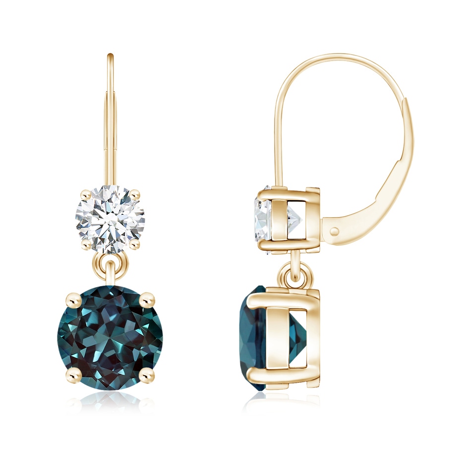 6mm Labgrown Round Lab-Grown Alexandrite Leverback Dangle Earrings with Diamond in Yellow Gold 