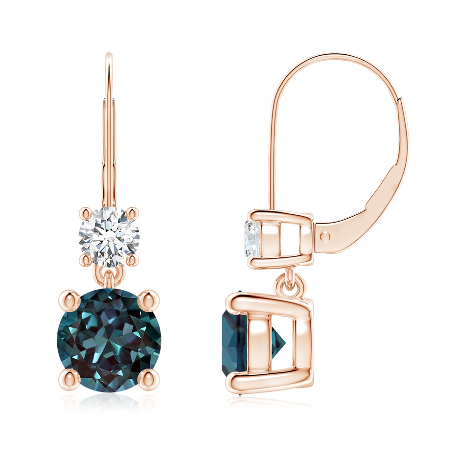 7mm Labgrown Round Lab-Grown Alexandrite Leverback Dangle Earrings with Diamond in Rose Gold 