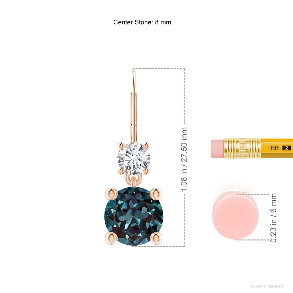 8mm Labgrown Round Lab-Grown Alexandrite Leverback Dangle Earrings with Diamond in Rose Gold ruler