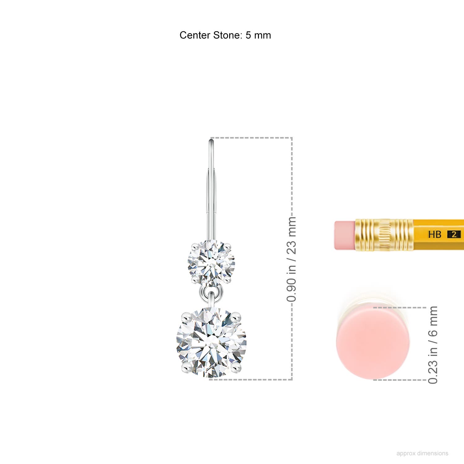 5mm FGVS Lab-Grown Round Diamond Leverback Dangle Earrings with Diamond in White Gold - ruler