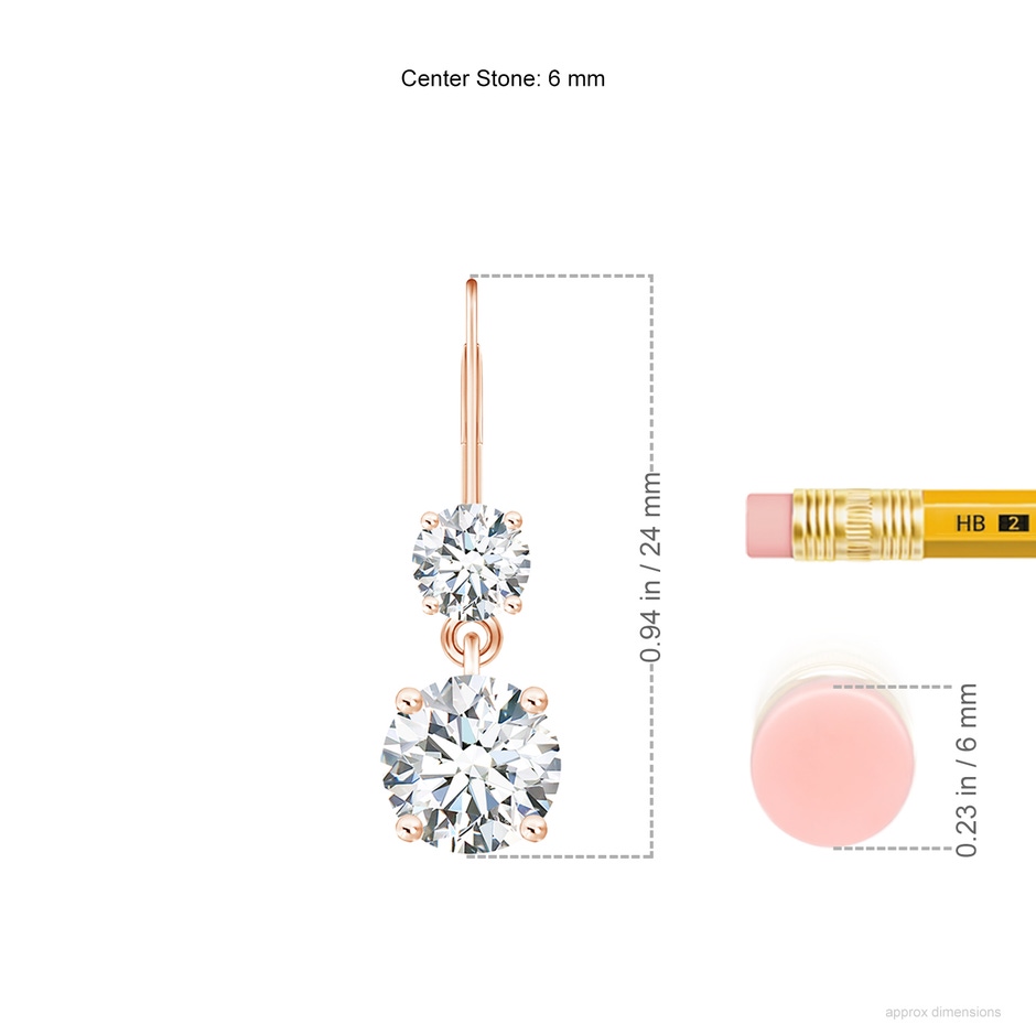 6mm FGVS Lab-Grown Round Diamond Leverback Dangle Earrings with Diamond in Rose Gold ruler