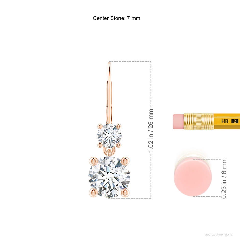7mm FGVS Lab-Grown Round Diamond Leverback Dangle Earrings with Diamond in Rose Gold ruler