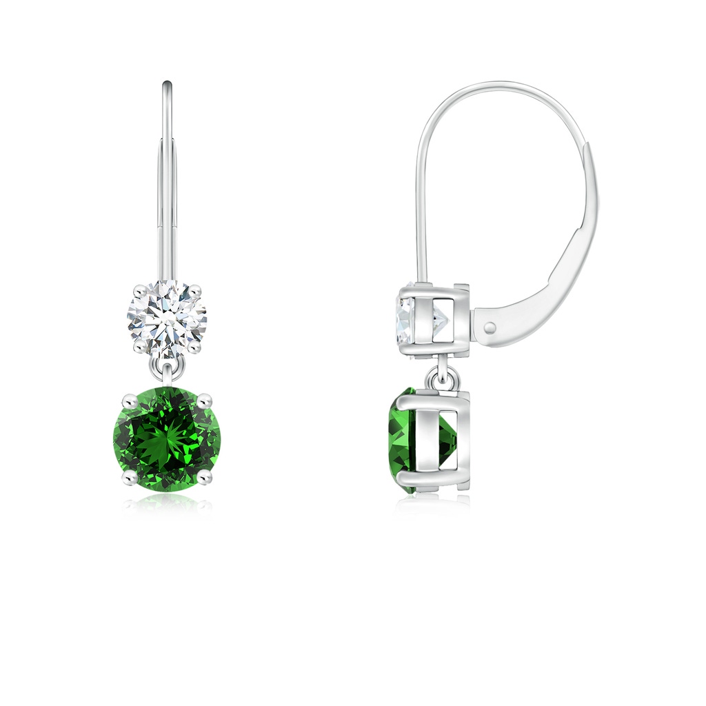 4mm Labgrown Lab-Grown Round Emerald Leverback Dangle Earrings with Diamond in P950 Platinum