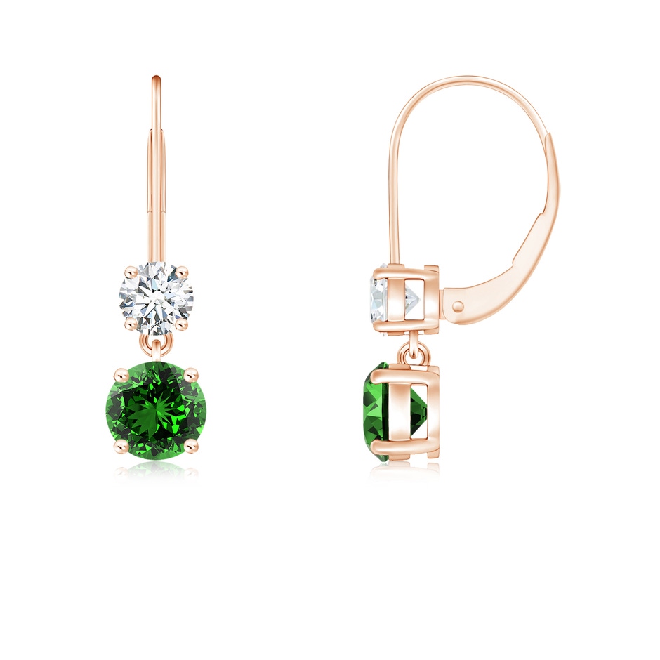 4mm Labgrown Lab-Grown Round Emerald Leverback Dangle Earrings with Diamond in Rose Gold 