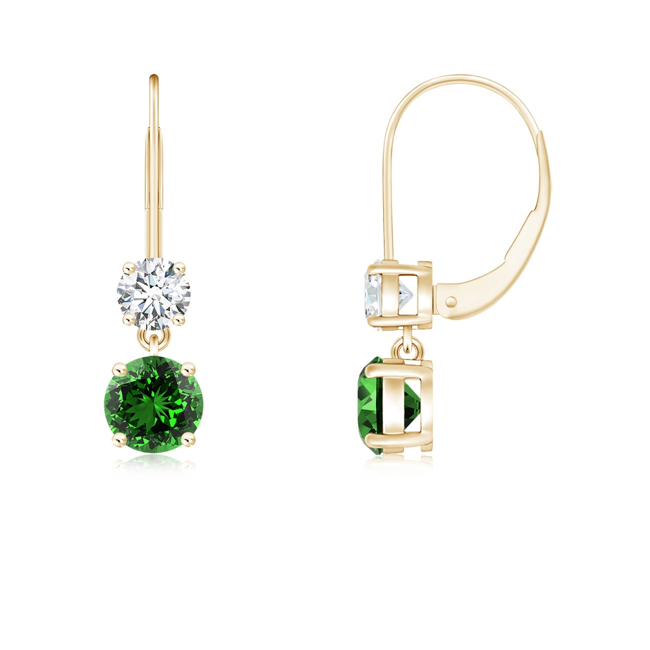 4mm Labgrown Lab-Grown Round Emerald Leverback Dangle Earrings with Diamond in Yellow Gold 
