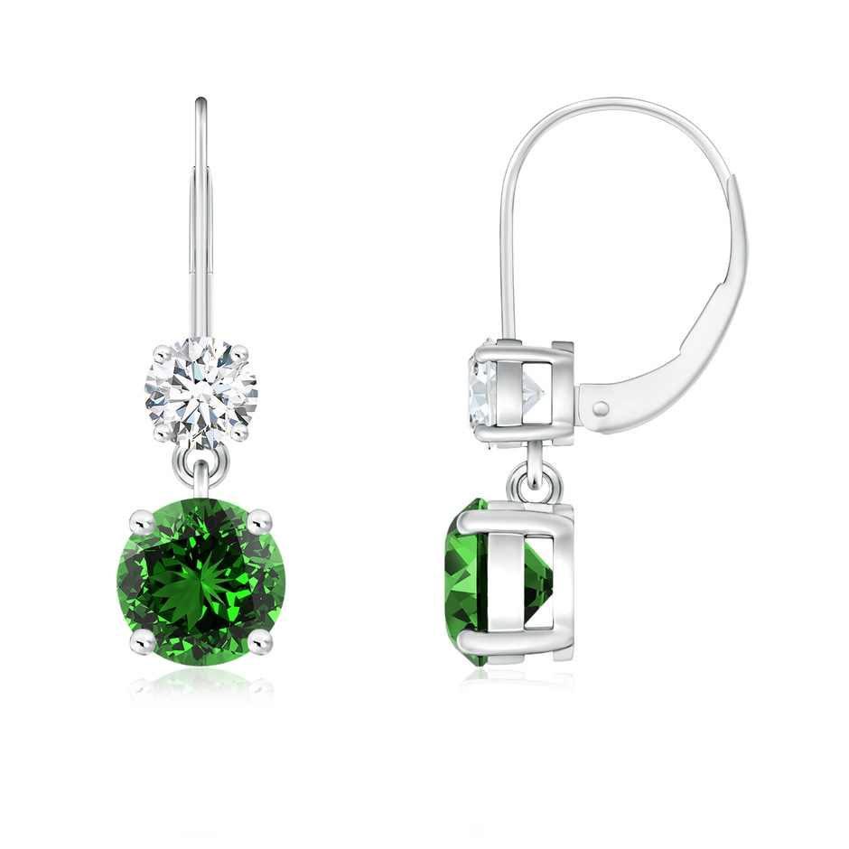 5mm Labgrown Lab-Grown Round Emerald Leverback Dangle Earrings with Diamond in White Gold 