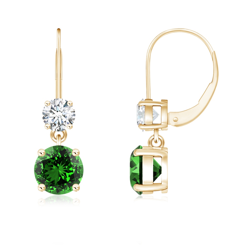 5mm Labgrown Lab-Grown Round Emerald Leverback Dangle Earrings with Diamond in Yellow Gold 