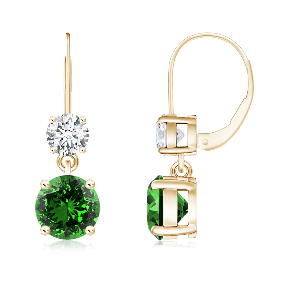 6mm Labgrown Lab-Grown Round Emerald Leverback Dangle Earrings with Diamond in Yellow Gold 