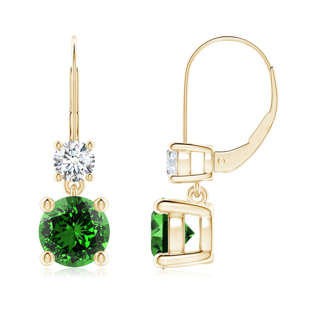 7mm Labgrown Lab-Grown Round Emerald Leverback Dangle Earrings with Diamond in Yellow Gold 