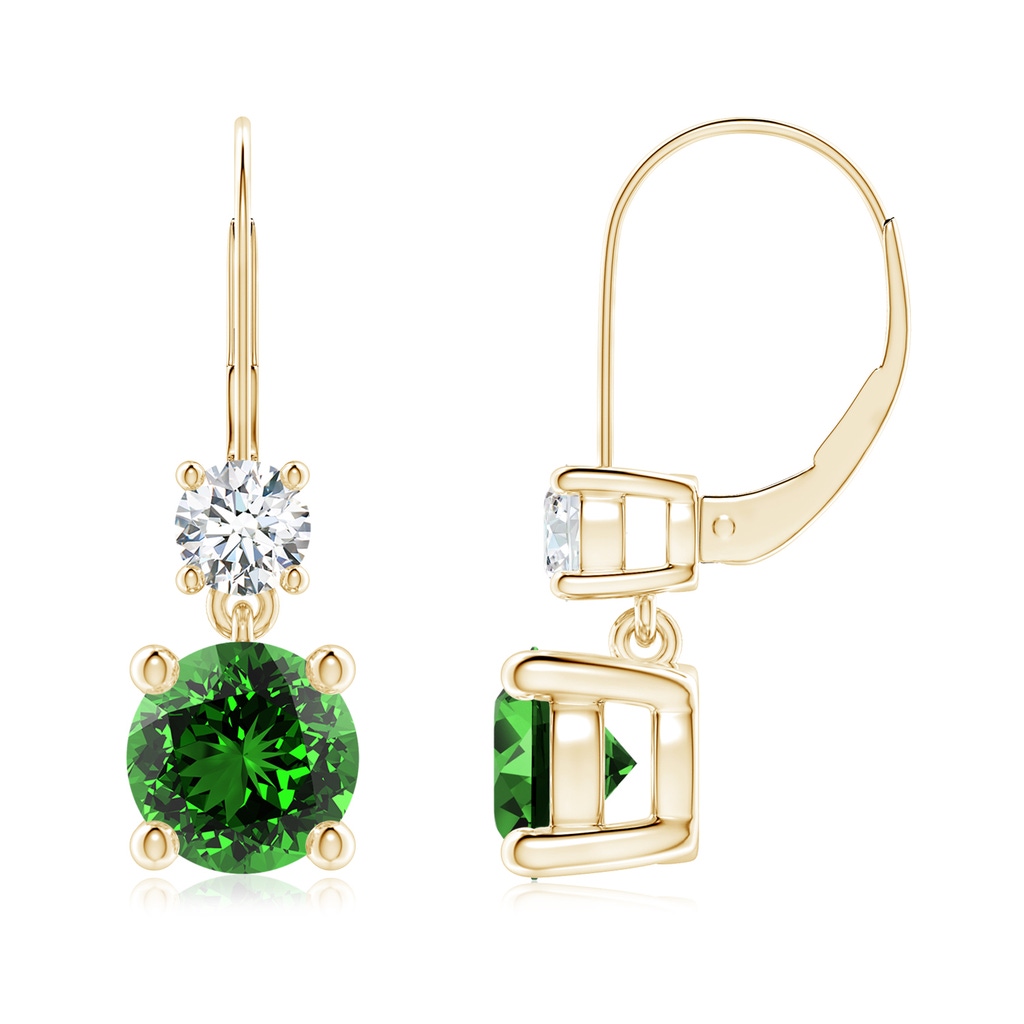 7mm Labgrown Lab-Grown Round Emerald Leverback Dangle Earrings with Diamond in Yellow Gold