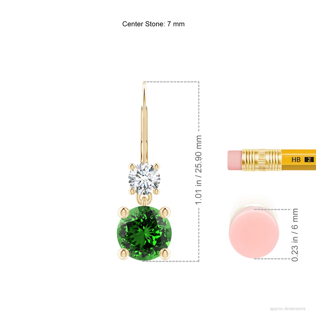 7mm Labgrown Lab-Grown Round Emerald Leverback Dangle Earrings with Diamond in Yellow Gold ruler