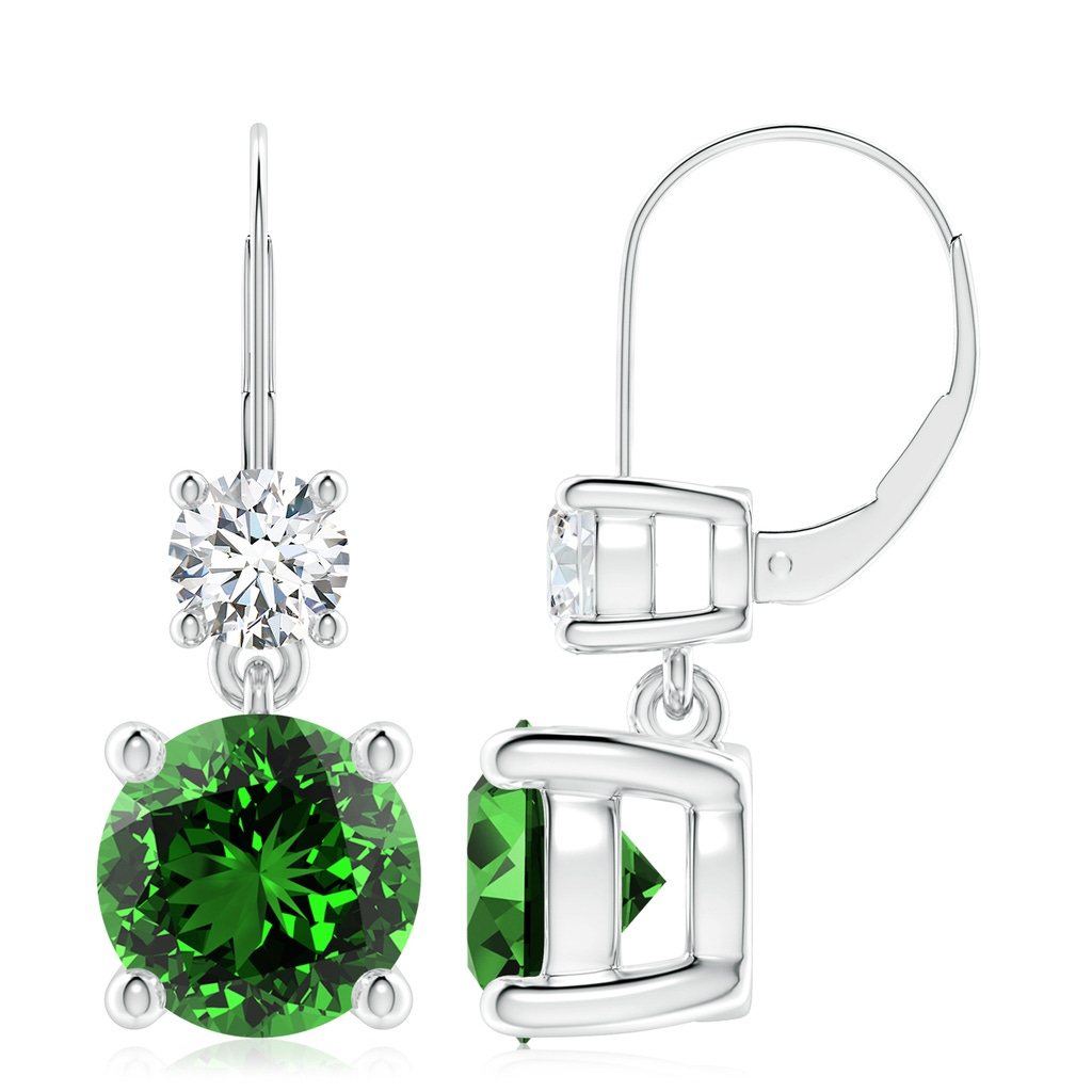 9mm Labgrown Lab-Grown Round Emerald Leverback Dangle Earrings with Diamond in 9K White Gold