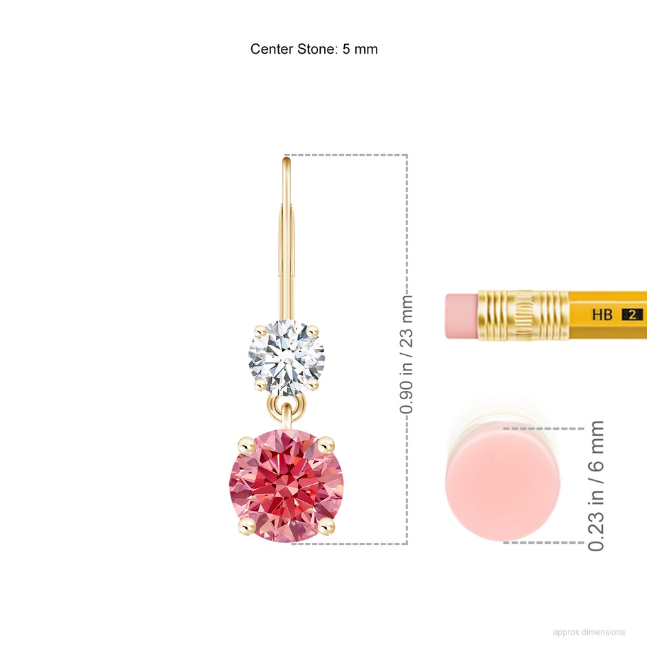 5mm Labgrown Round Lab-Grown Fancy Intense Pink Diamond Leverback Dangle Earrings in Yellow Gold ruler