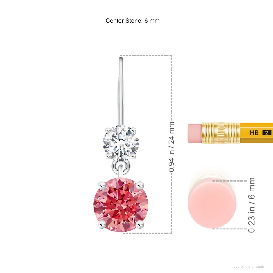 6mm Labgrown Round Lab-Grown Fancy Intense Pink Diamond Leverback Dangle Earrings in White Gold ruler