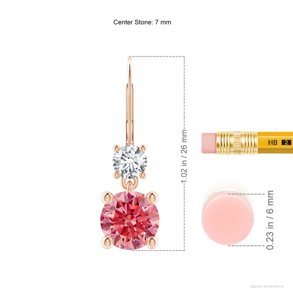 7mm Labgrown Round Lab-Grown Fancy Intense Pink Diamond Leverback Dangle Earrings in Rose Gold ruler