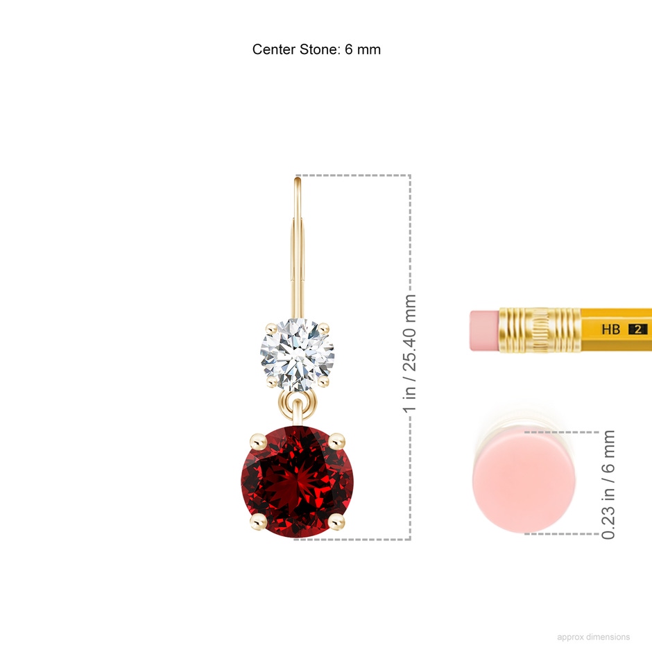 6mm Labgrown Lab-Grown Round Ruby Leverback Dangle Earrings with Diamond in Yellow Gold ruler