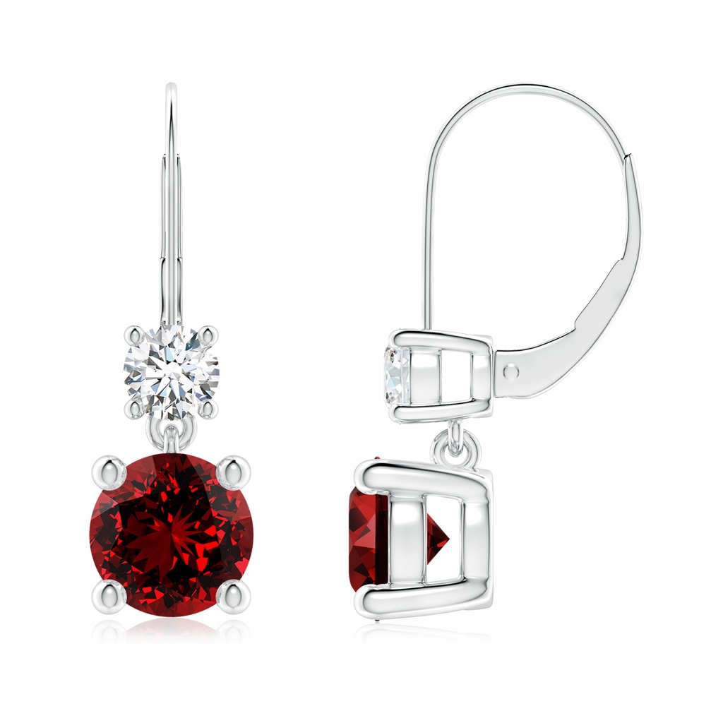7mm Labgrown Lab-Grown Round Ruby Leverback Dangle Earrings with Diamond in White Gold
