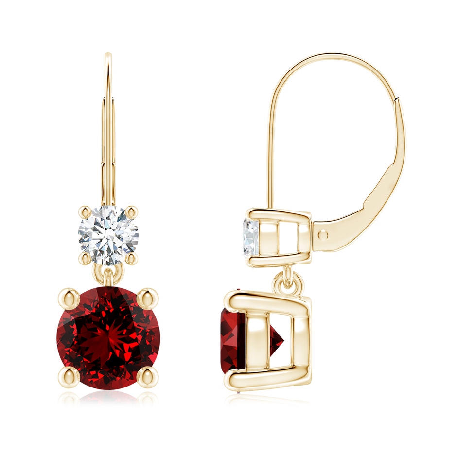 7mm Labgrown Lab-Grown Round Ruby Leverback Dangle Earrings with Diamond in Yellow Gold 