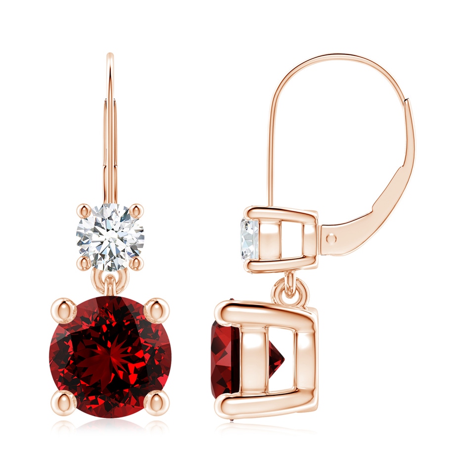 8mm Labgrown Lab-Grown Round Ruby Leverback Dangle Earrings with Diamond in Rose Gold 