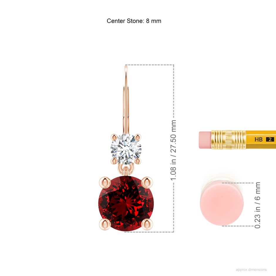 8mm Labgrown Lab-Grown Round Ruby Leverback Dangle Earrings with Diamond in Rose Gold ruler