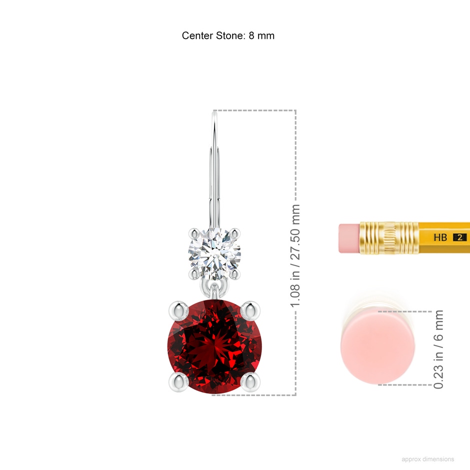 8mm Labgrown Lab-Grown Round Ruby Leverback Dangle Earrings with Diamond in White Gold ruler
