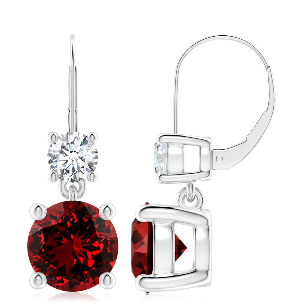 9mm Labgrown Lab-Grown Round Ruby Leverback Dangle Earrings with Diamond in 9K White Gold