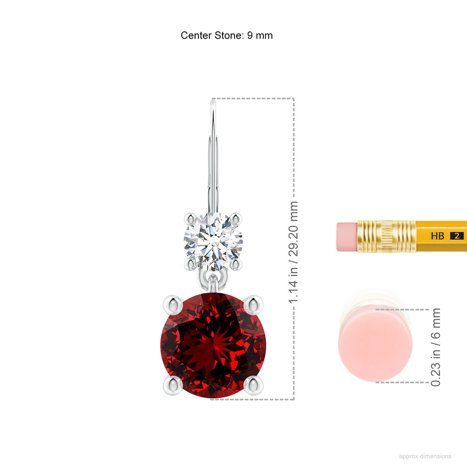 9mm Labgrown Lab-Grown Round Ruby Leverback Dangle Earrings with Diamond in P950 Platinum ruler
