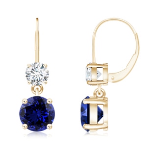 6mm Labgrown Lab-Grown Round Blue Sapphire Leverback Dangle Earrings with Diamond in 9K Yellow Gold