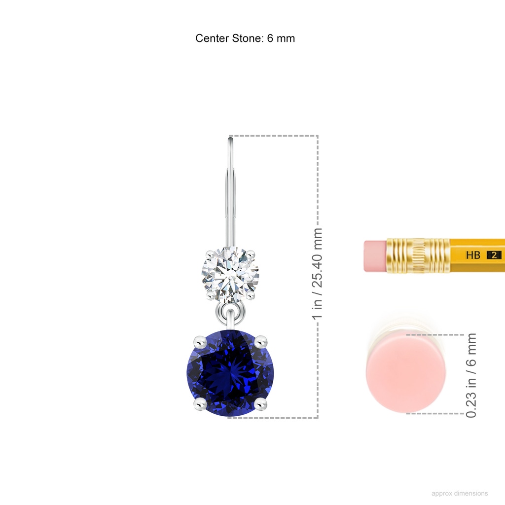 6mm Labgrown Lab-Grown Round Blue Sapphire Leverback Dangle Earrings with Diamond in White Gold ruler