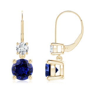 7mm Labgrown Lab-Grown Round Blue Sapphire Leverback Dangle Earrings with Diamond in 9K Yellow Gold