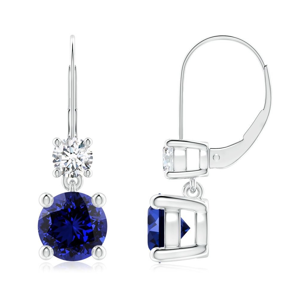 7mm Labgrown Lab-Grown Round Blue Sapphire Leverback Dangle Earrings with Diamond in White Gold