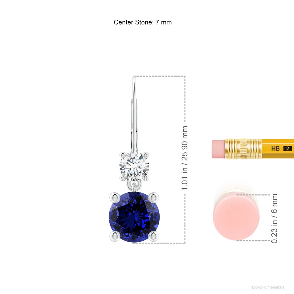 7mm Labgrown Lab-Grown Round Blue Sapphire Leverback Dangle Earrings with Diamond in White Gold ruler