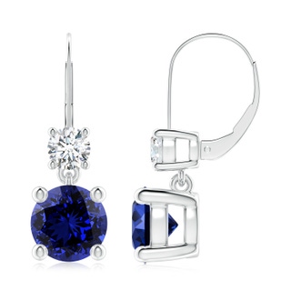 8mm Labgrown Lab-Grown Round Blue Sapphire Leverback Dangle Earrings with Diamond in P950 Platinum