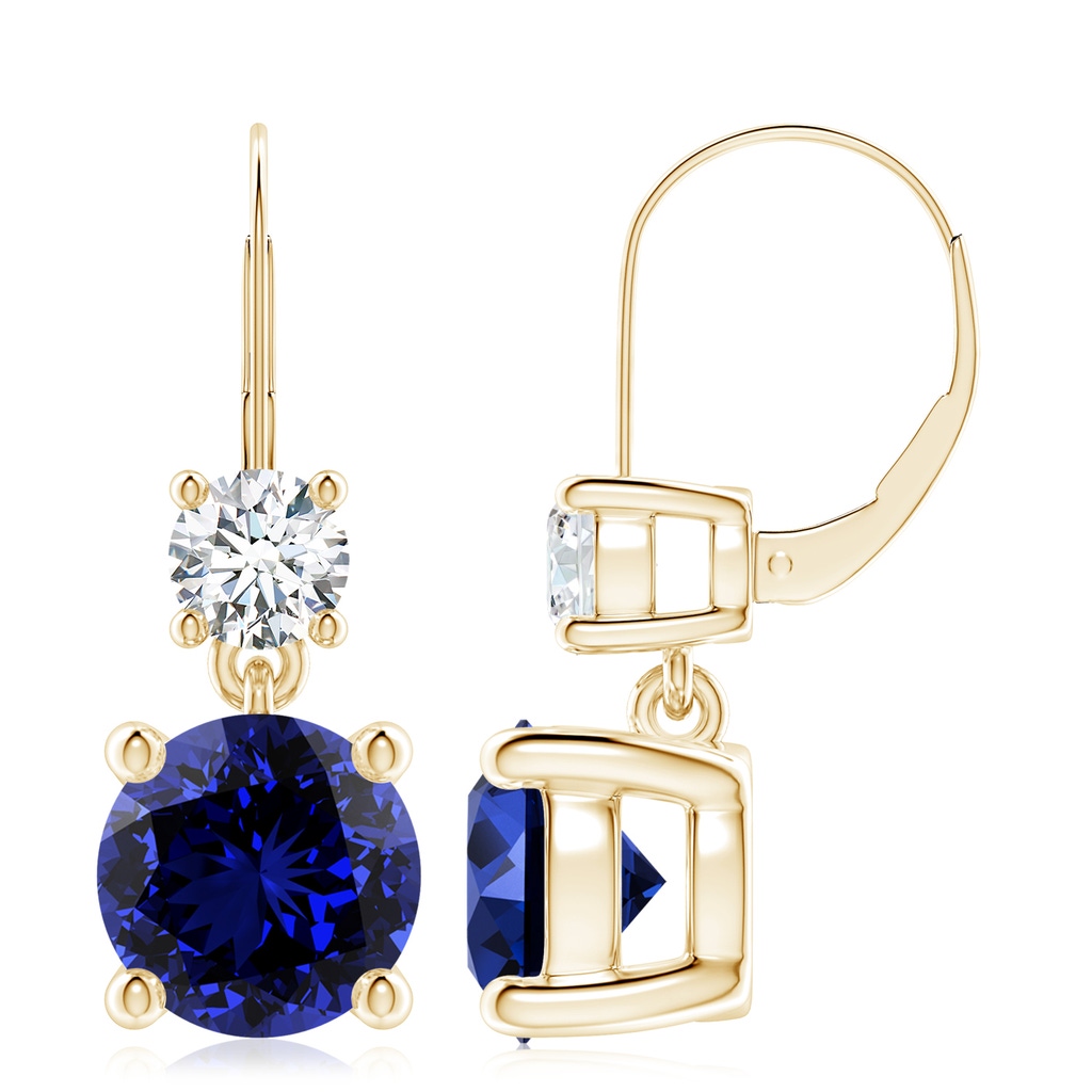 9mm Labgrown Lab-Grown Round Blue Sapphire Leverback Dangle Earrings with Diamond in 10K Yellow Gold