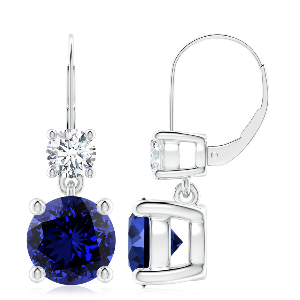 9mm Labgrown Lab-Grown Round Blue Sapphire Leverback Dangle Earrings with Diamond in P950 Platinum