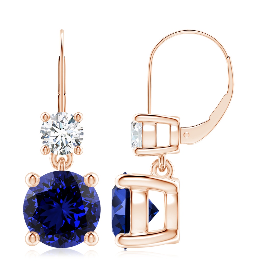 9mm Labgrown Lab-Grown Round Blue Sapphire Leverback Dangle Earrings with Diamond in Rose Gold