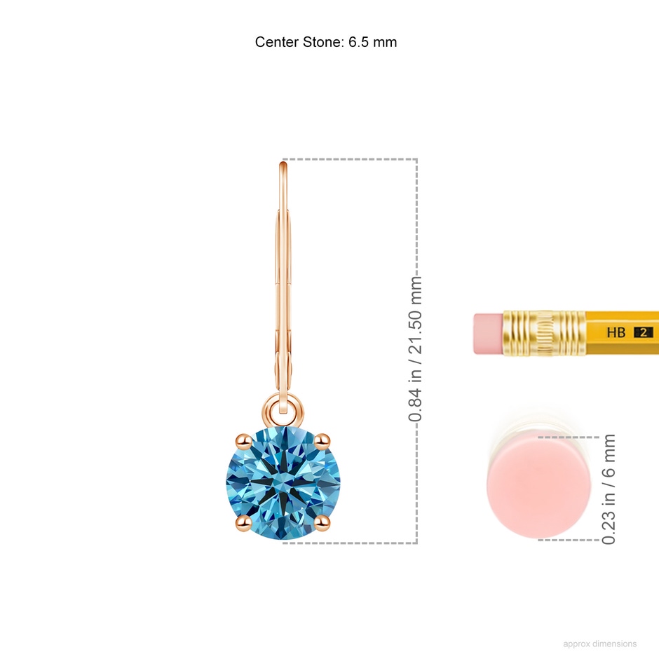 6.5mm Labgrown Round Lab-Grown Fancy Intense Blue Diamond Leverback Earrings in Rose Gold ruler