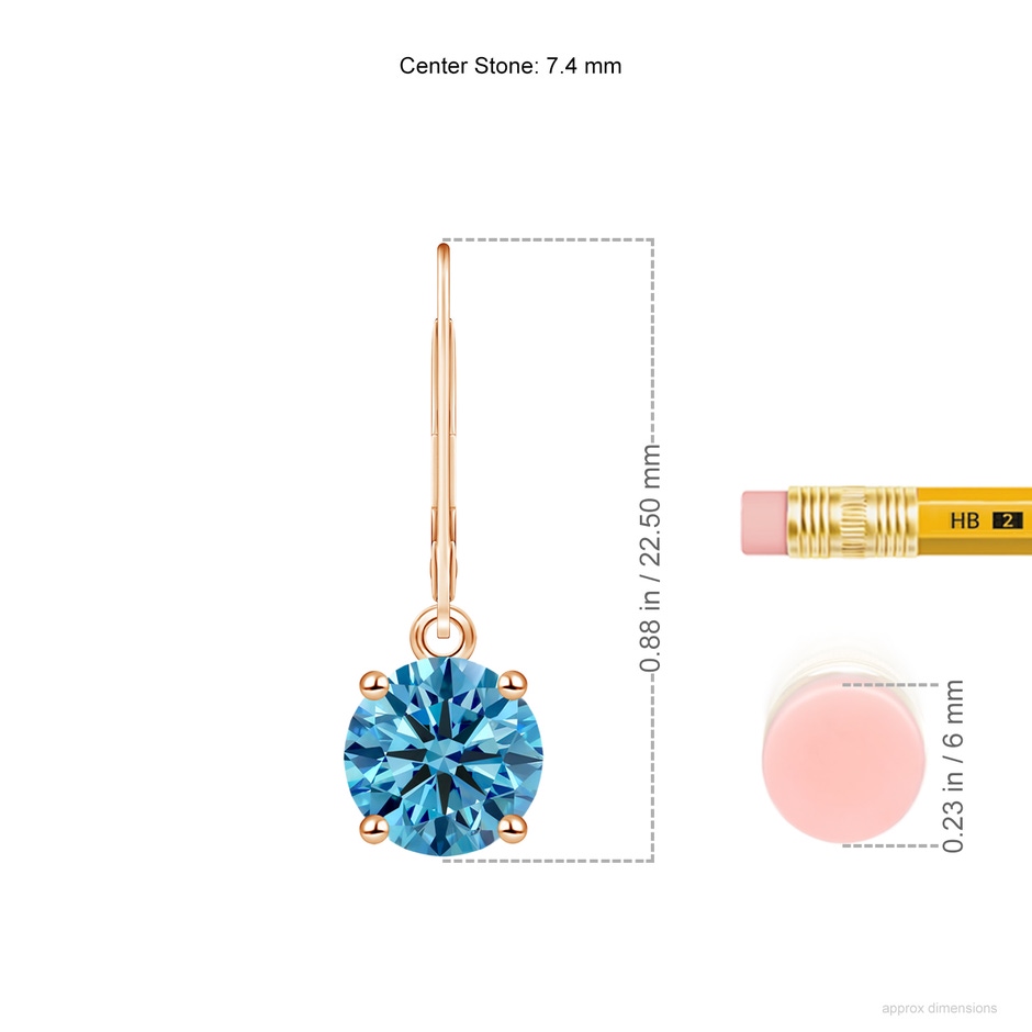 7.4mm Labgrown Round Lab-Grown Fancy Intense Blue Diamond Leverback Earrings in Rose Gold ruler