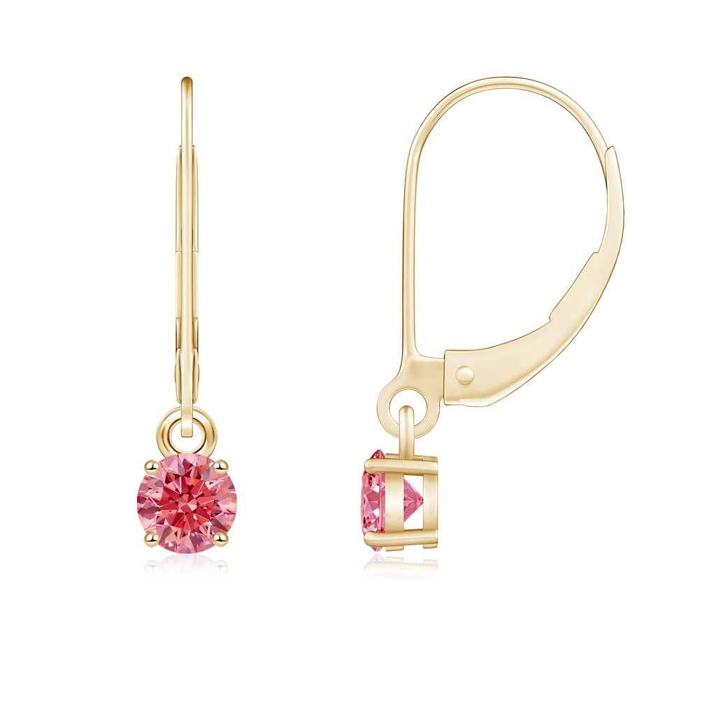 4.1mm Labgrown Round Lab-Grown Fancy Intense Pink Diamond Leverback Earrings in Yellow Gold