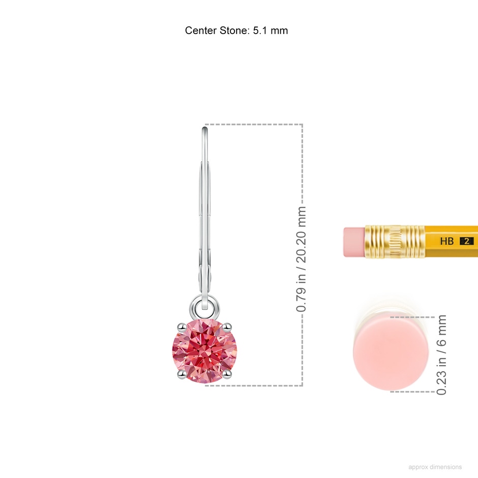 5.1mm Labgrown Round Lab-Grown Fancy Intense Pink Diamond Leverback Earrings in P950 Platinum ruler