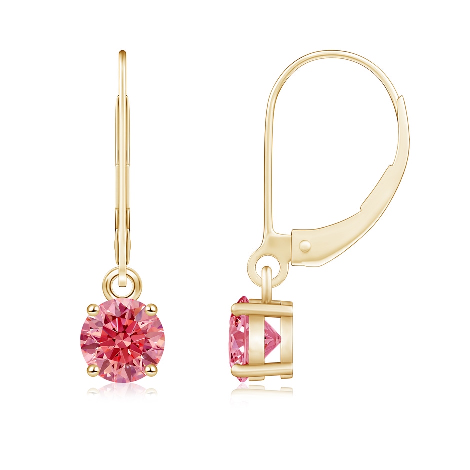 5.1mm Labgrown Round Lab-Grown Fancy Intense Pink Diamond Leverback Earrings in Yellow Gold 