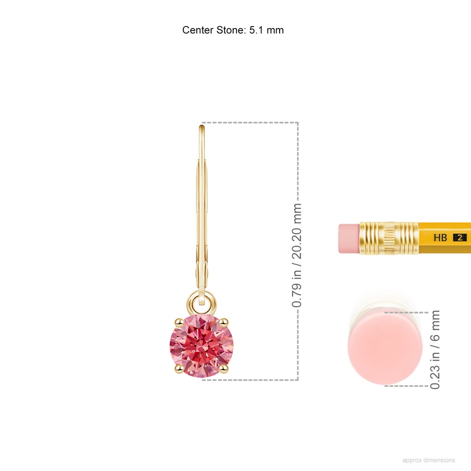 5.1mm Labgrown Round Lab-Grown Fancy Intense Pink Diamond Leverback Earrings in Yellow Gold ruler