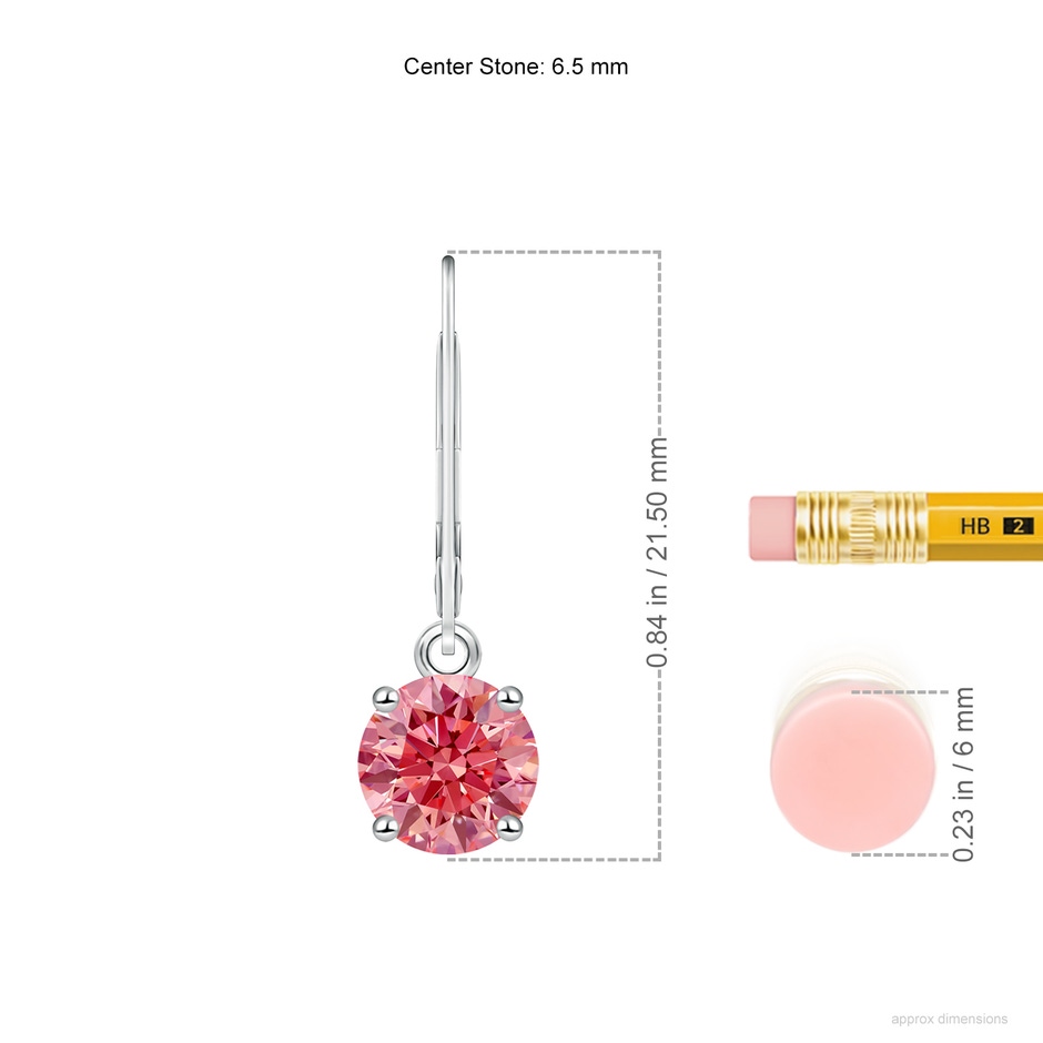 6.5mm Labgrown Round Lab-Grown Fancy Intense Pink Diamond Leverback Earrings in White Gold ruler