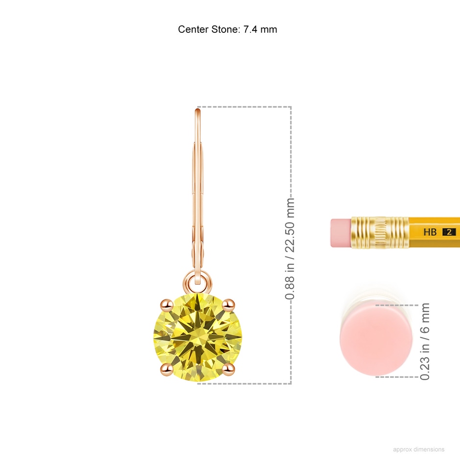 7.4mm Labgrown Round Lab-Grown Fancy Intense Yellow Diamond Leverback Earrings in Rose Gold ruler