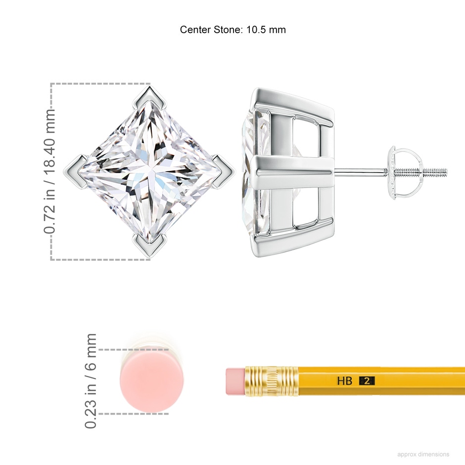 10.5mm FGVS V-Prong Set Princess-Cut Lab-Grown Diamond Stud Earrings in P950 Platinum ruler