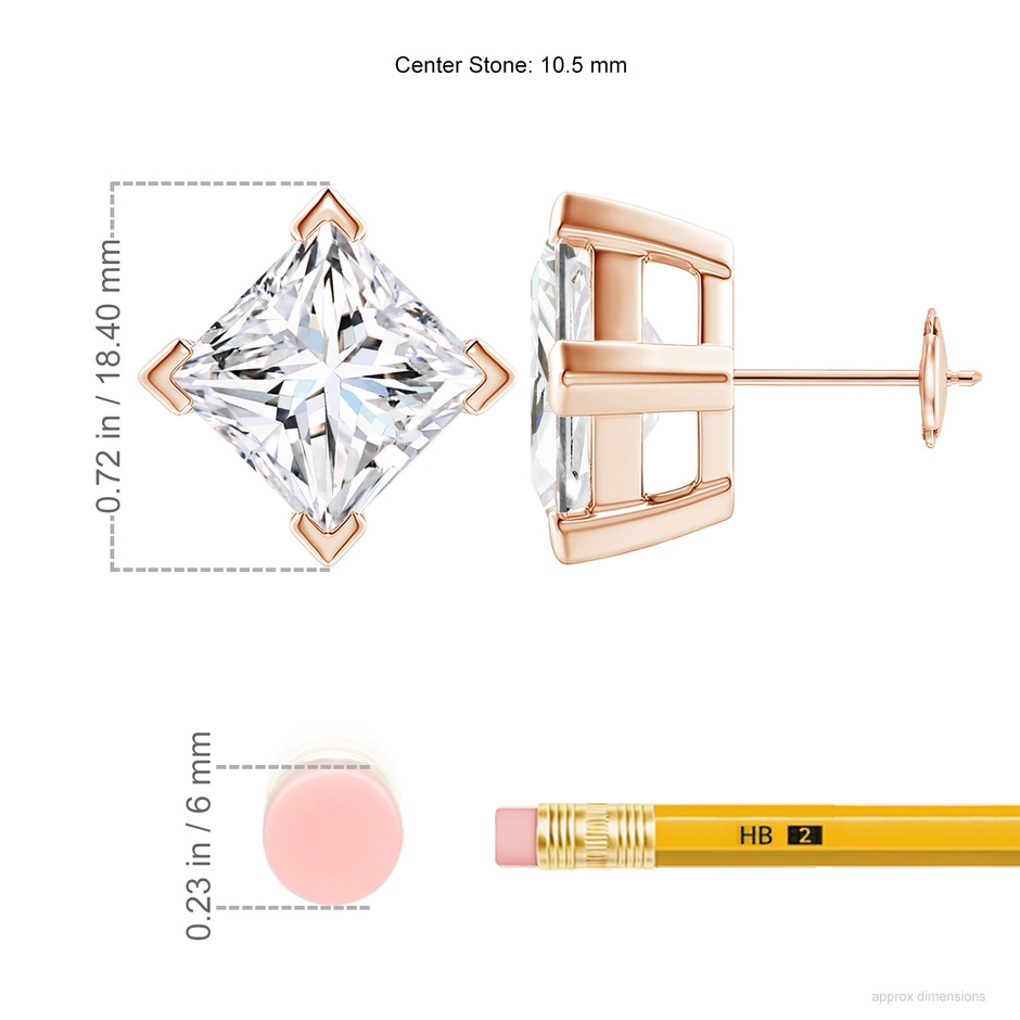 10.5mm FGVS V-Prong Set Princess-Cut Lab-Grown Diamond Stud Earrings in Rose Gold ruler
